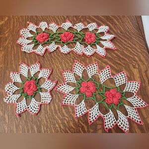 Set Of 3 Vintage Crocheted Pink & White Handmade Doilies/ Runners